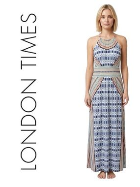 London Times Patterned Keyhole Print Long Dress
